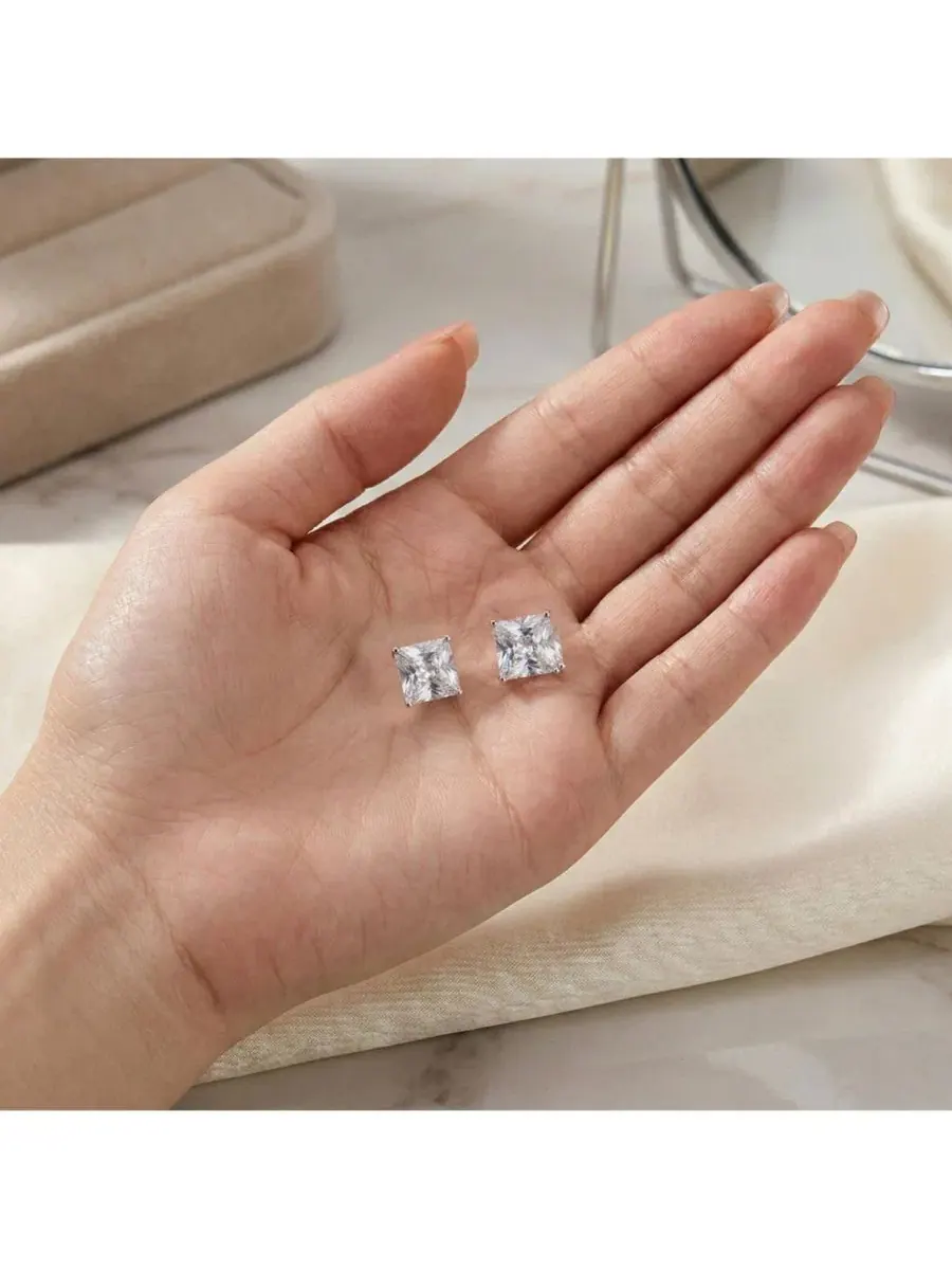 Серьги-пусеты из стерлингового серебра с кубическим цирконием, Square Cut Genevive — изображение 4 из 5, оттенок белый