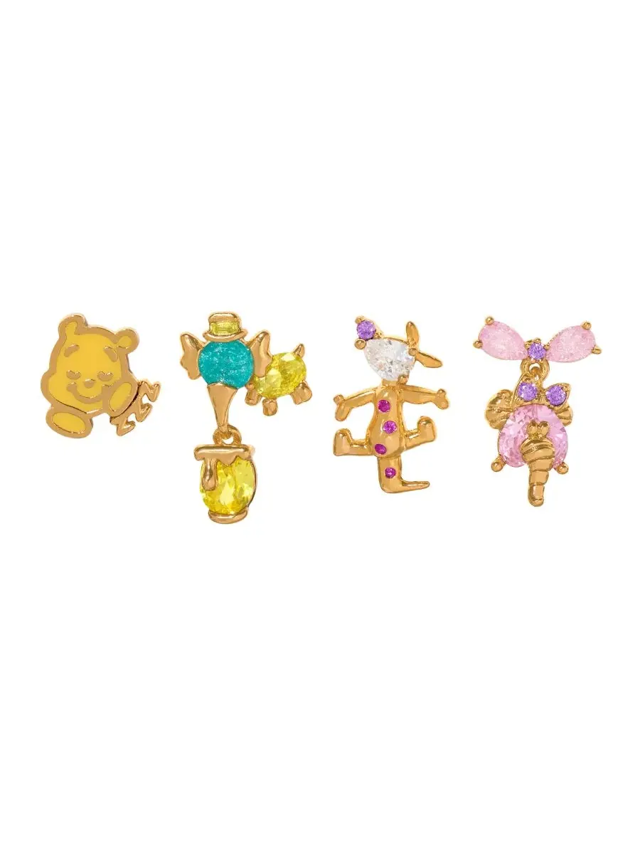 Серьги-пусеты с кристаллами и эмалью, набор из 4 пар, Disney Pooh's Dream Girls Crew — изображение 1 из 3, оттенок золото