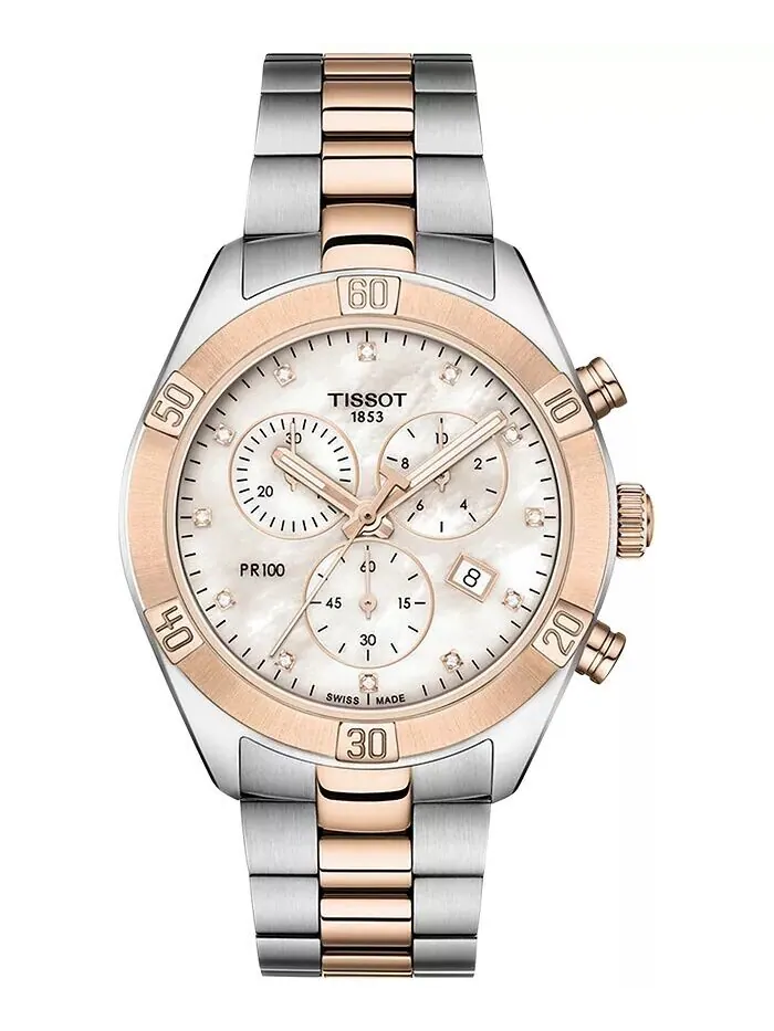 Женские швейцарские часы с хронографом T-Classic PR 100 Diamond (1/20 карата) с двухцветным — изображение 1 из 6