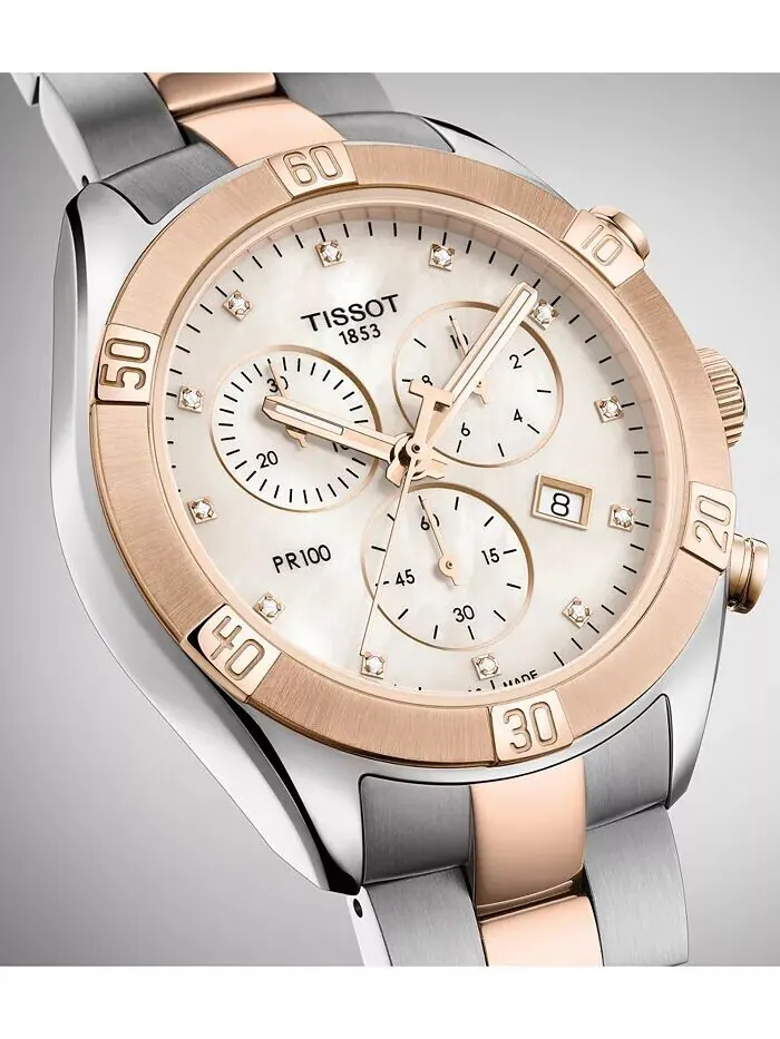 Женские швейцарские часы с хронографом T-Classic PR 100 Diamond (1/20 карата) с двухцветным — изображение 3 из 6