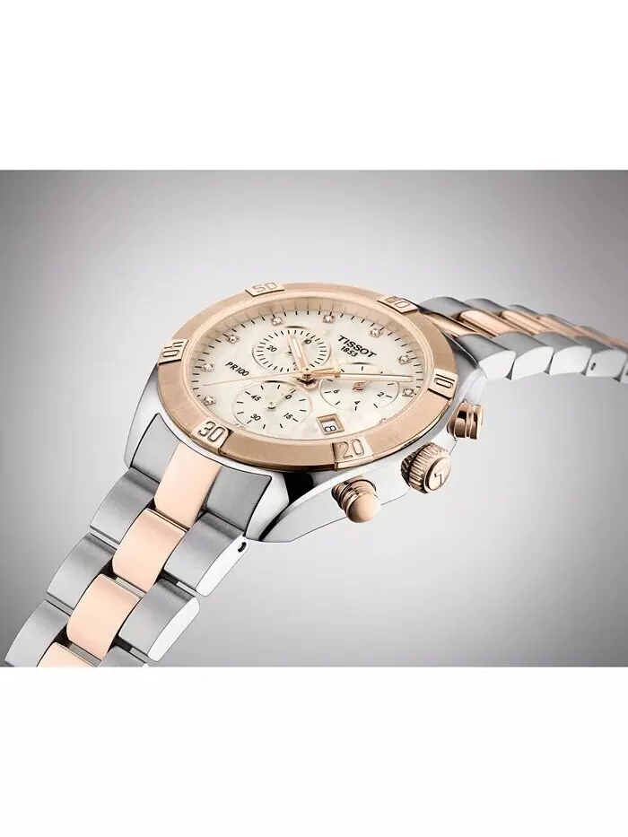 Женские швейцарские часы с хронографом T-Classic PR 100 Diamond (1/20 карата) с двухцветным — изображение 5 из 6
