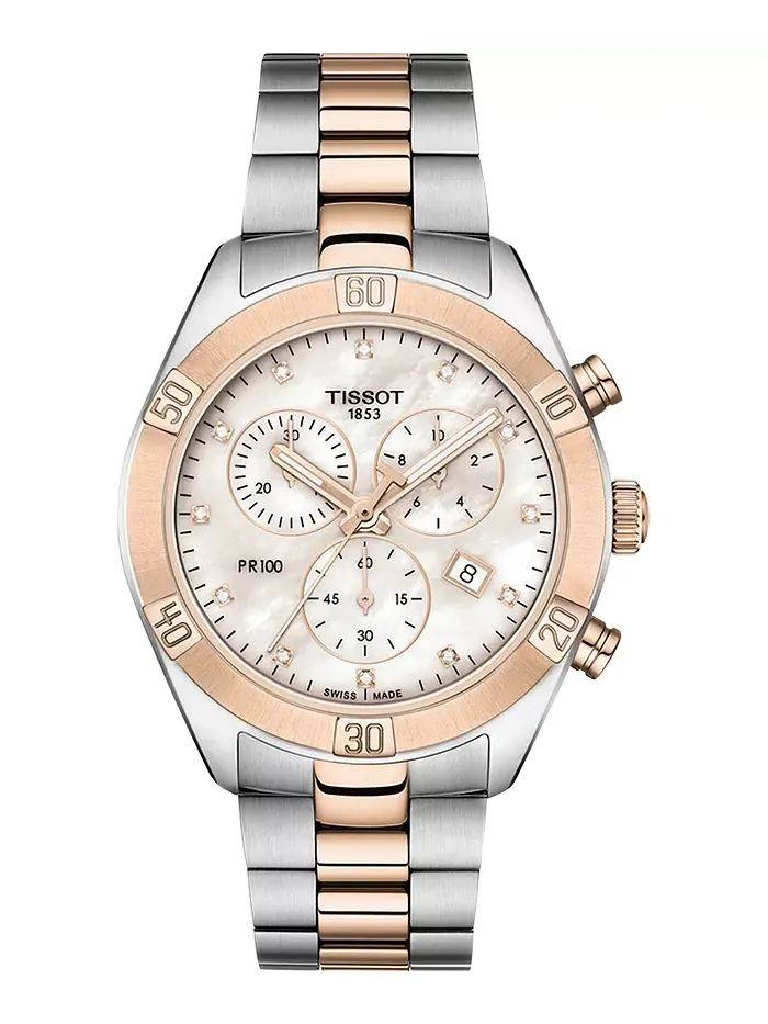 Женские часы Swiss Chronograph T-Classic PR 100 Diamond (1/20 ct. t.w.) с двухцветным PVD-покрытием — изображение 1 из 6