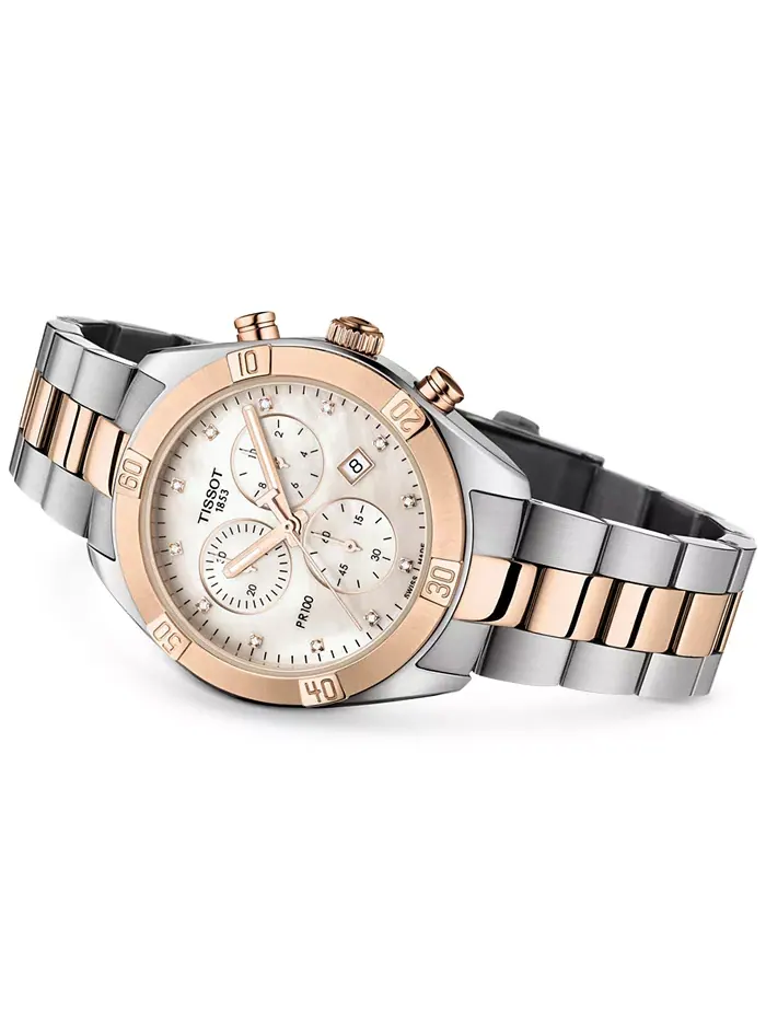 Женские часы Swiss Chronograph T-Classic PR 100 Diamond (1/20 ct. t.w.) с двухцветным PVD-покрытием — изображение 2 из 6
