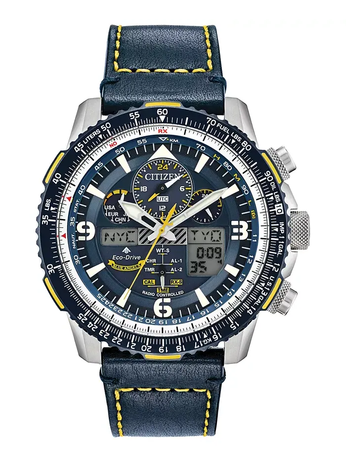 Мужские часы Eco-Drive Analog-Digital Chronograph Promaster Blue Angels Skyhawk A-T с синим кожаным