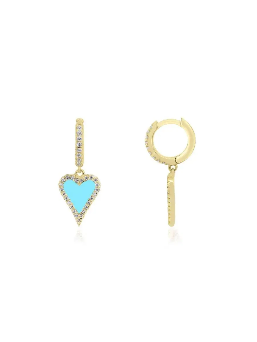 Серьги-подвески с сердцем из бирюзы и цирконием Mini Turquoise CZ Halo Heart Dangle Earrings The — голубой