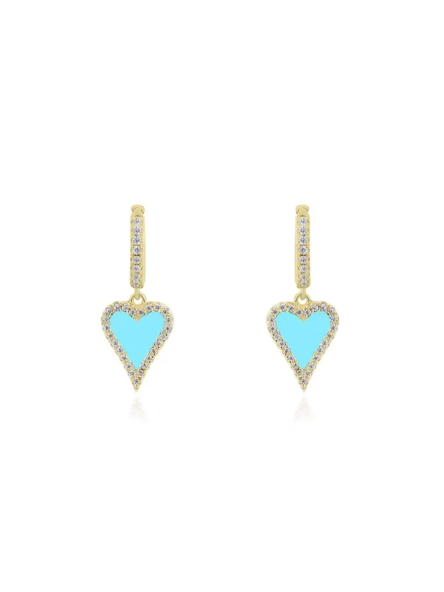 Серьги-подвески с сердцем из бирюзы и цирконием Mini Turquoise CZ Halo Heart Dangle Earrings The — изображение 2 из 3