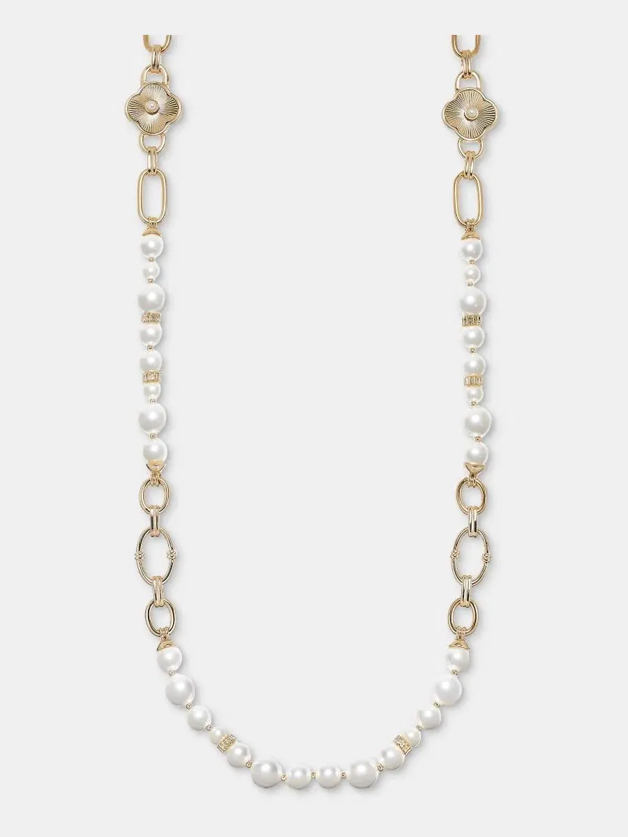 Ожерелье-подвеска с кристаллами и жемчугом, 106 см Anne Klein — изображение 1 из 5, оттенок серебристый