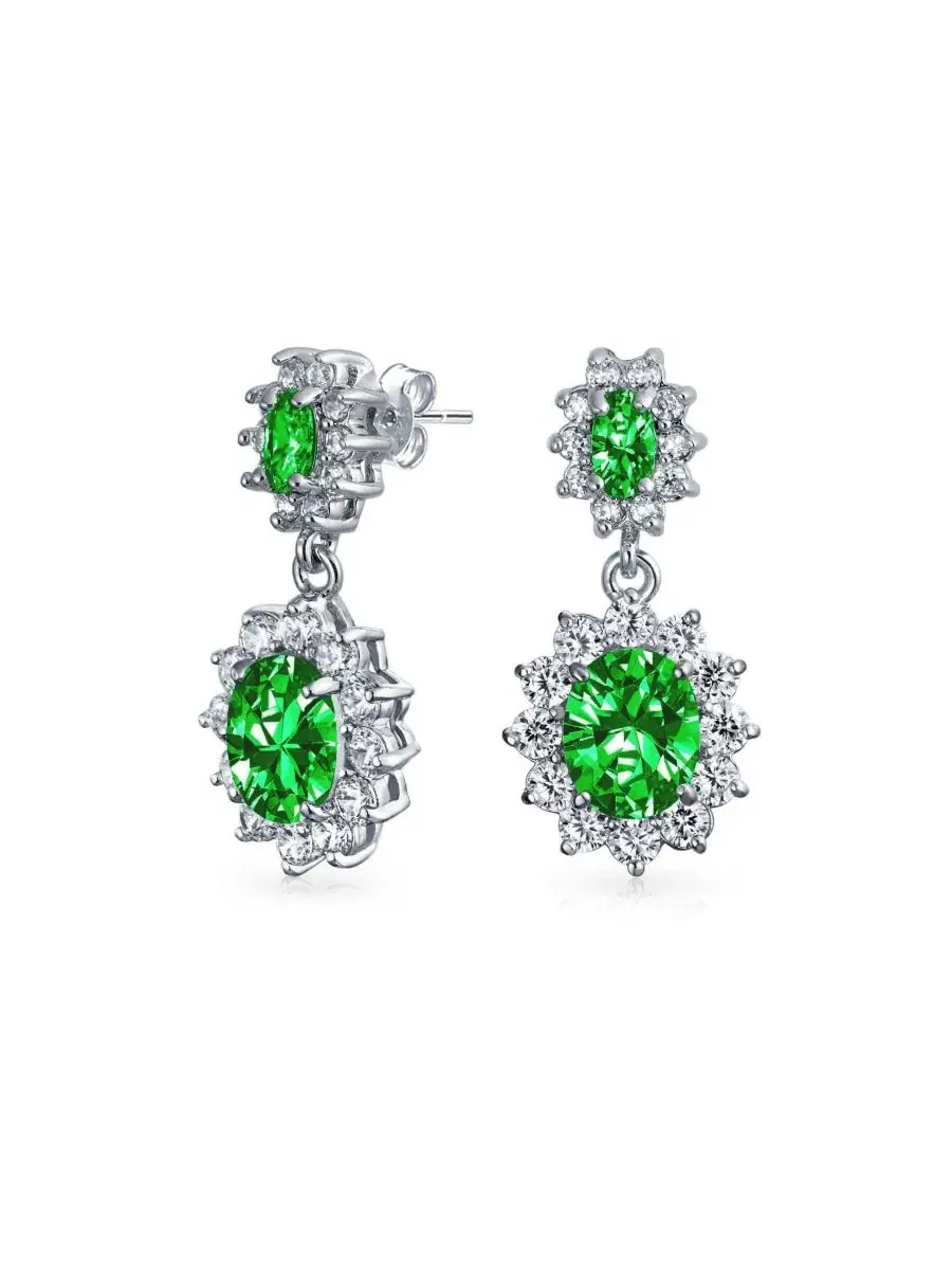 Серьги-подвески с изумрудом в овальной огранке, из родированного серебра Bling Jewelry — изображение 1 из 4