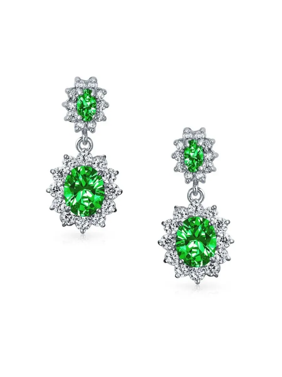 Серьги-подвески с изумрудом в овальной огранке, из родированного серебра Bling Jewelry — изображение 2 из 4