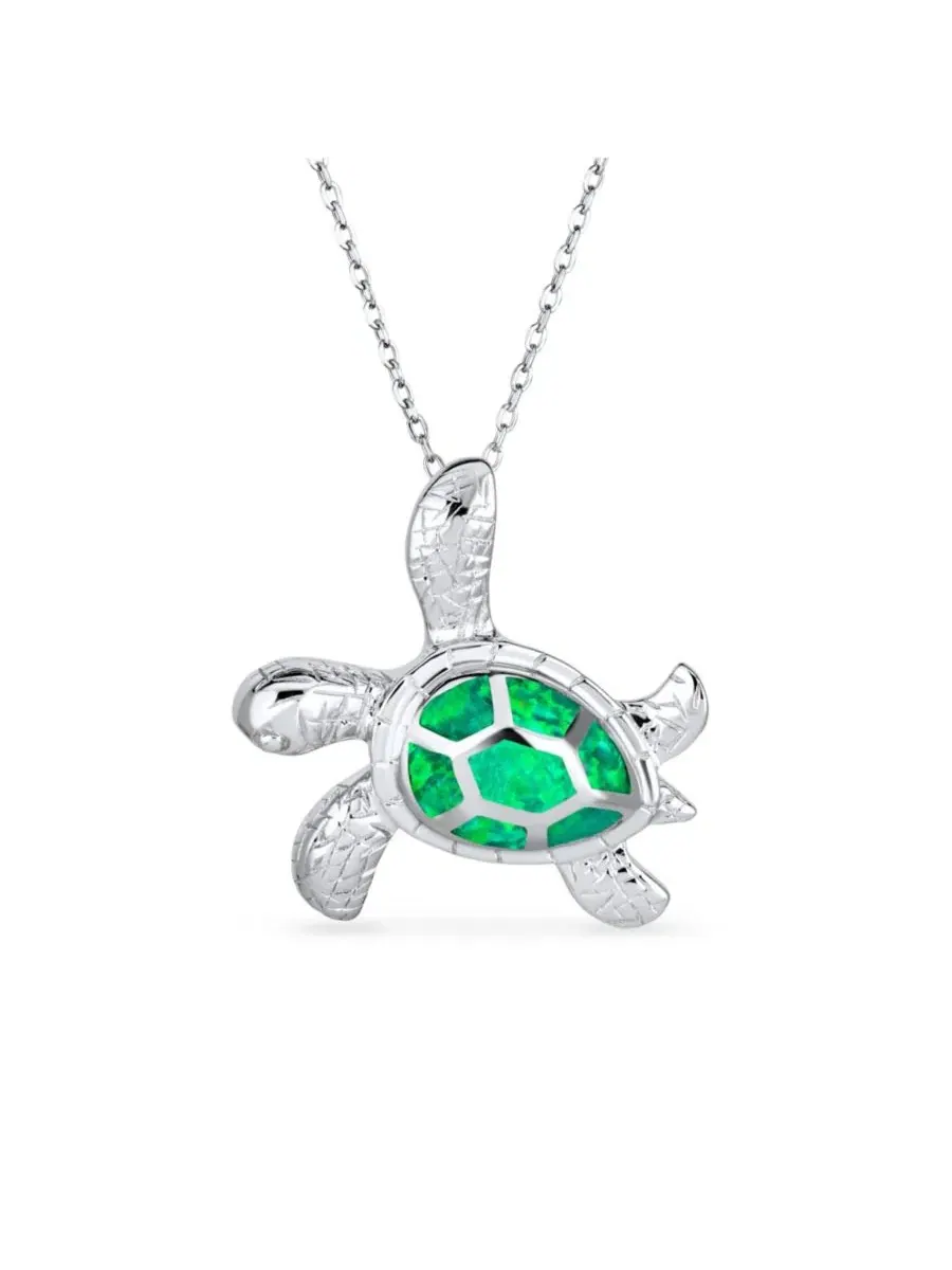 Кулон-черепаха с синтетическим опалом, серебро 925 пробы, 45 см Bling Jewelry — изображение 1 из 4, оттенок светлый зеленый