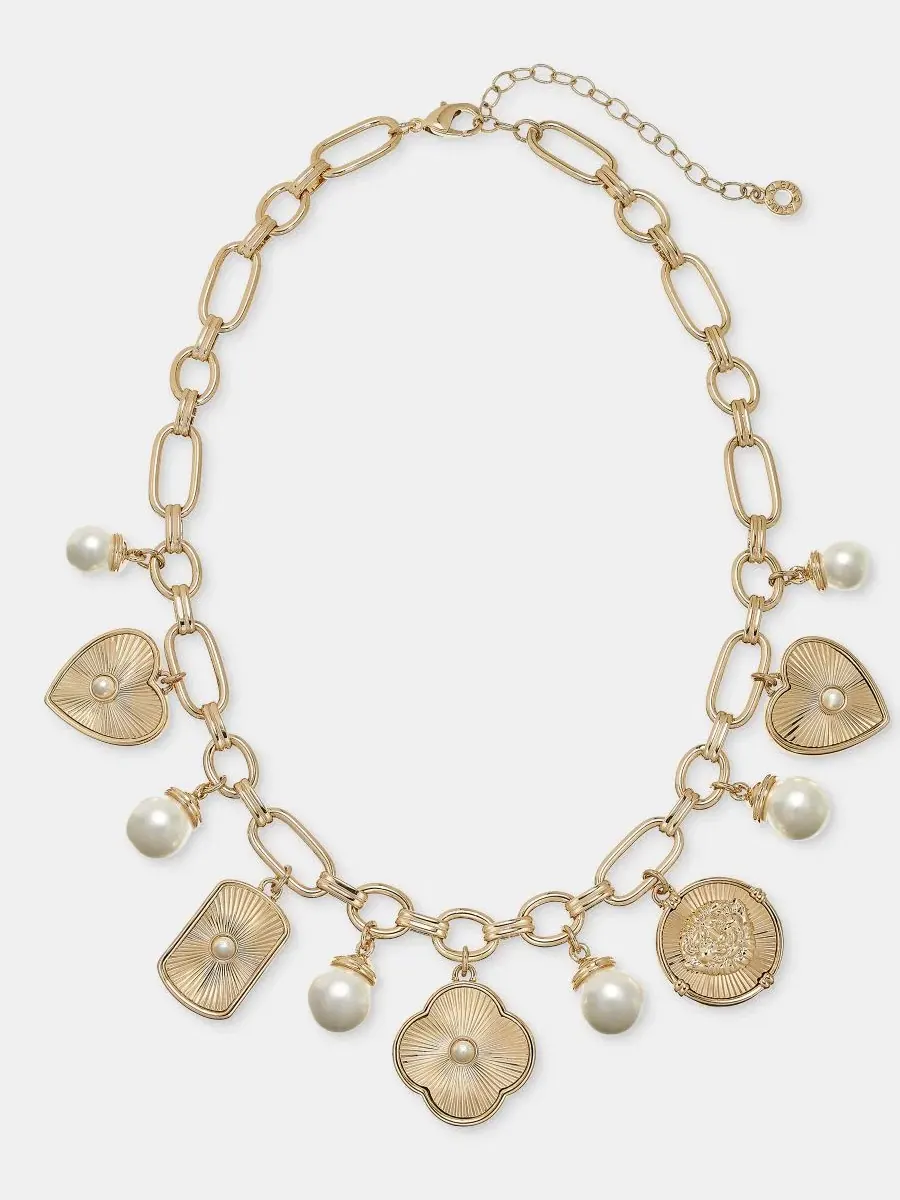 Колье с подвесками-шармами и жемчугом, 40 см + 8 см удлинитель Anne Klein — изображение 1 из 5, оттенок серебристый