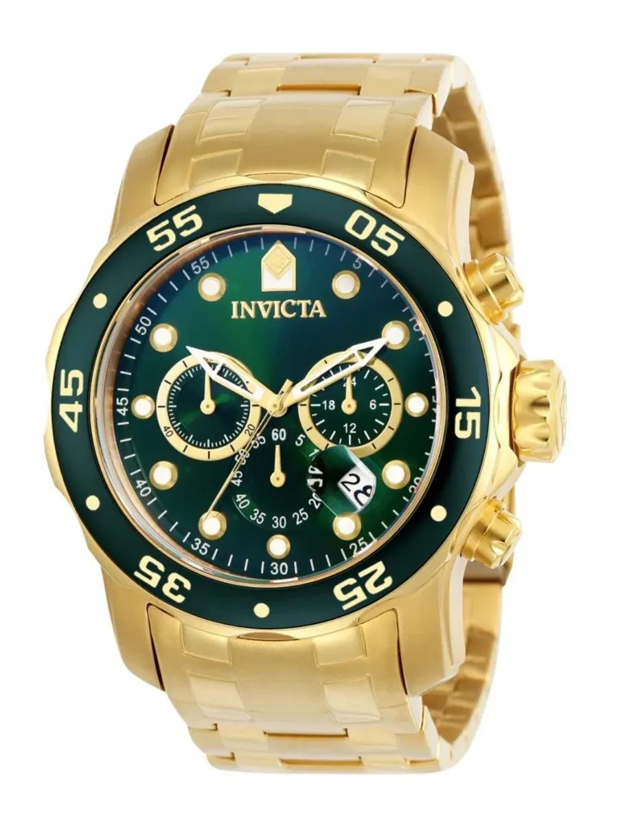 Мужские кварцевые часы-хронограф 0075 Pro Diver с зеленым циферблатом Invicta — изображение 1 из 2, оттенок золото