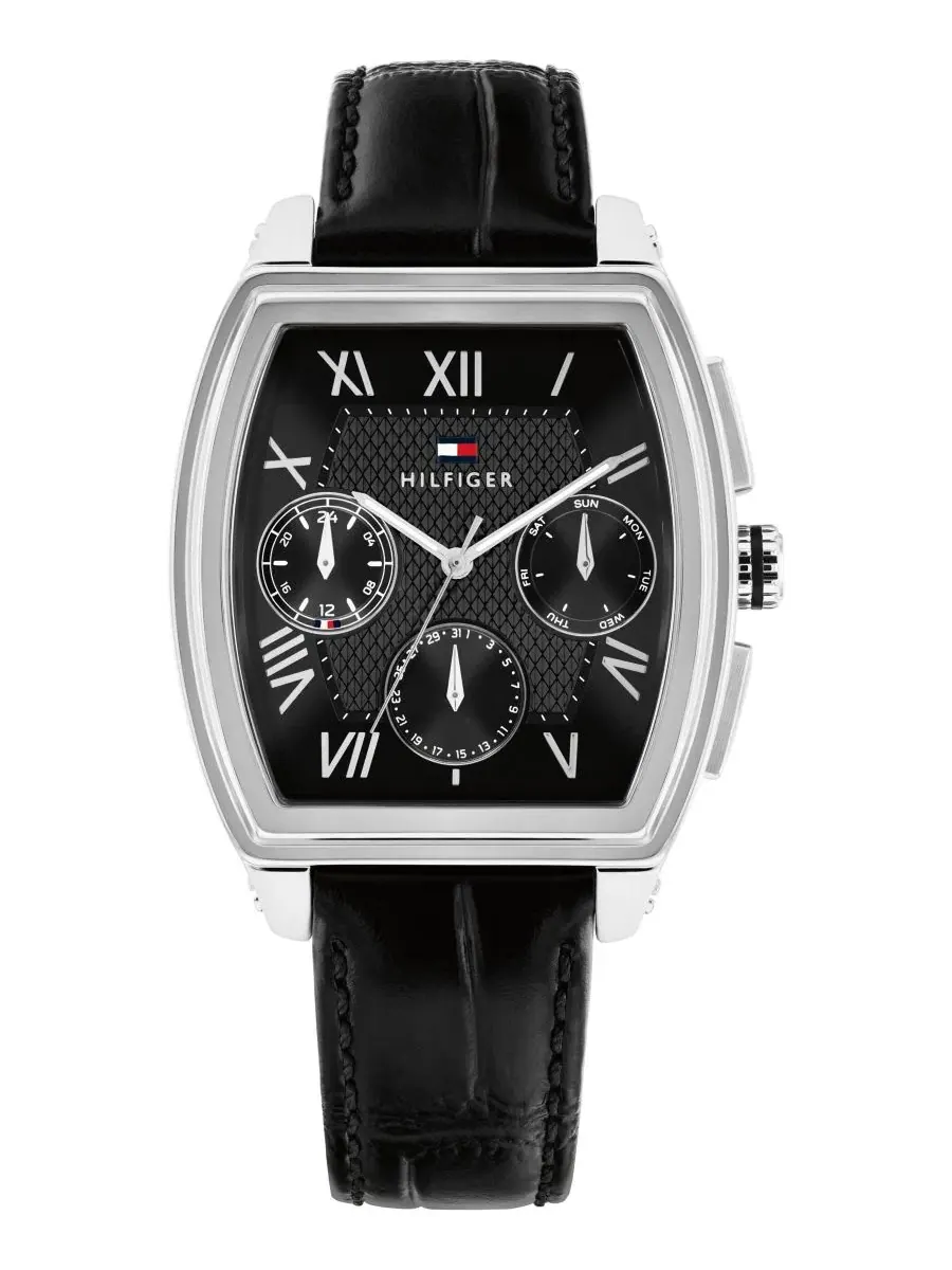 Мужские многофункциональные часы с черным кожаным ремешком, 36 мм Tommy Hilfiger