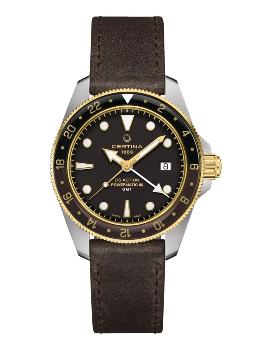 Мужские швейцарские автоматические часы DS Action GMT Powermatic 80 с коричневым кожаным ремешком — изображение 1 из 4