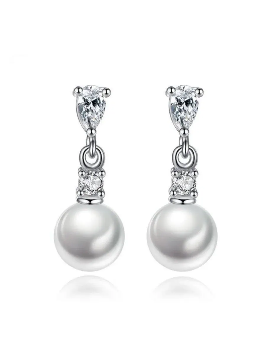 Серьги-подвески с жемчугом из фианита, модель Pear Cut, бренд Dloria — серебристый