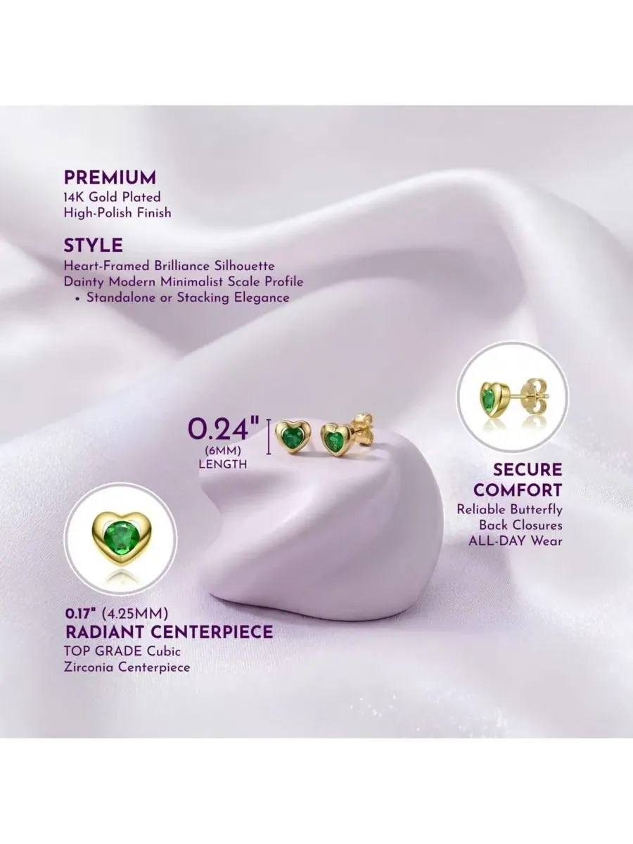 Серьги-пусеты с сердцем из фианита, модель Dainty Heart GiGiGirl — изображение 5 из 5, оттенок зеленый