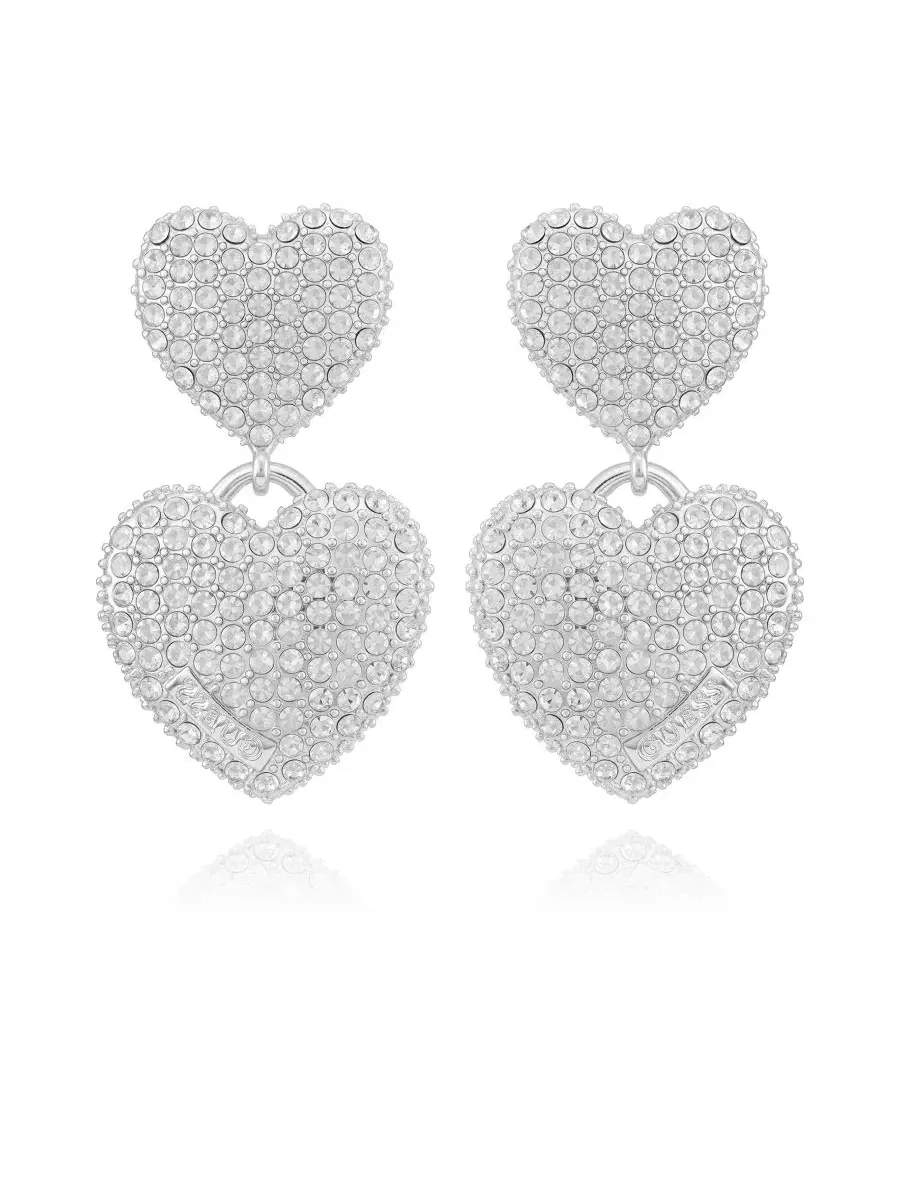 Серьги-подвески в виде двойного сердца из стеклянных камней Guess — изображение 1 из 3, оттенок серебряный