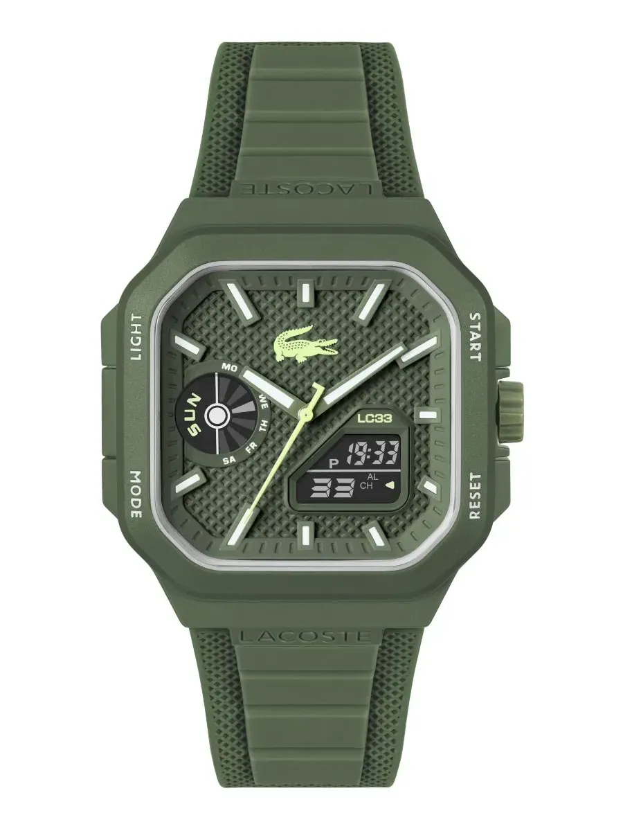 Мужские часы LC33 с квадратным силиконовым ремешком цвета хаки, 44x50 мм Lacoste — изображение 1 из 7, оттенок хаки зеленый