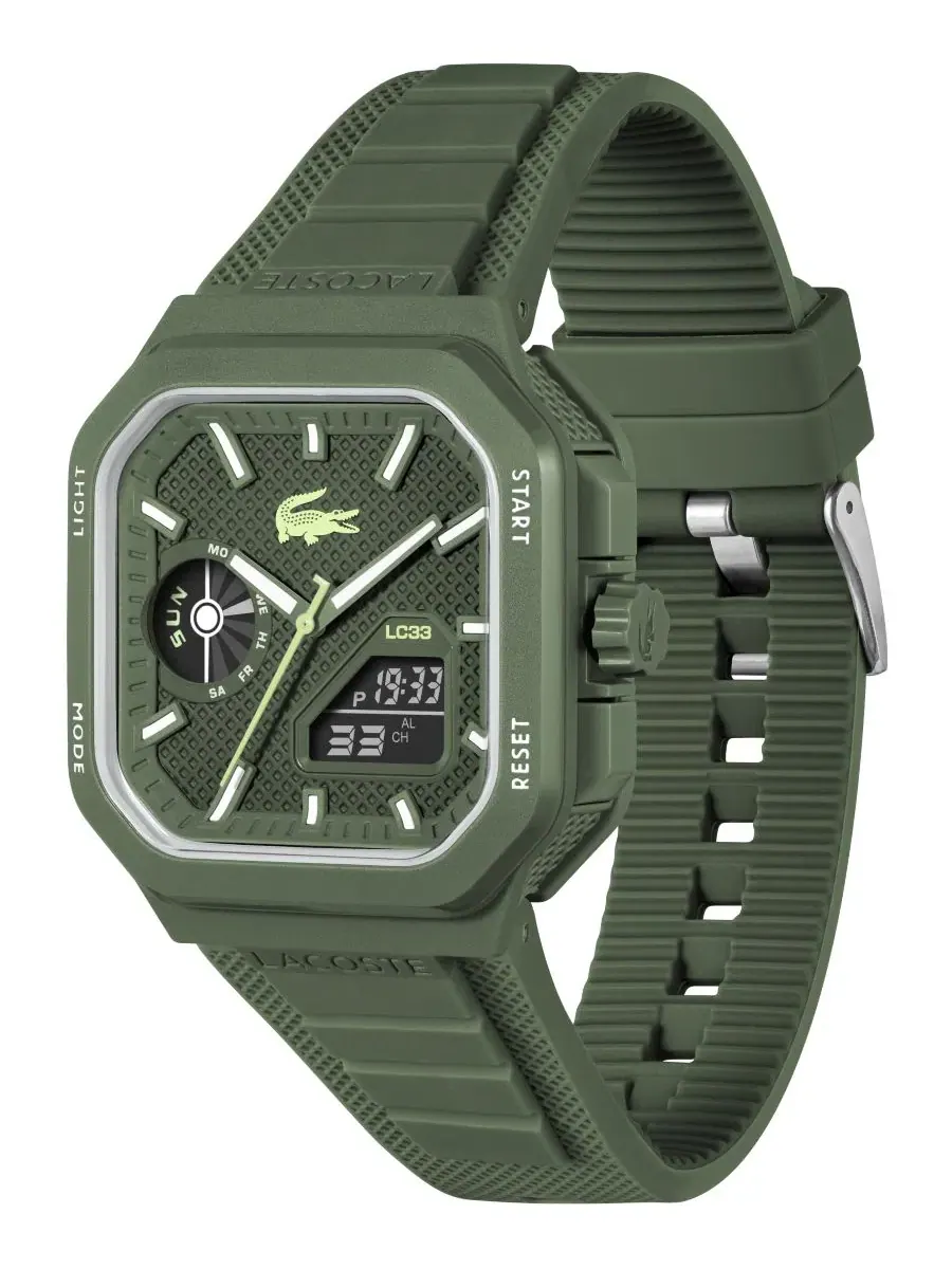 Мужские часы LC33 с квадратным силиконовым ремешком цвета хаки, 44x50 мм Lacoste — изображение 2 из 7, оттенок хаки зеленый