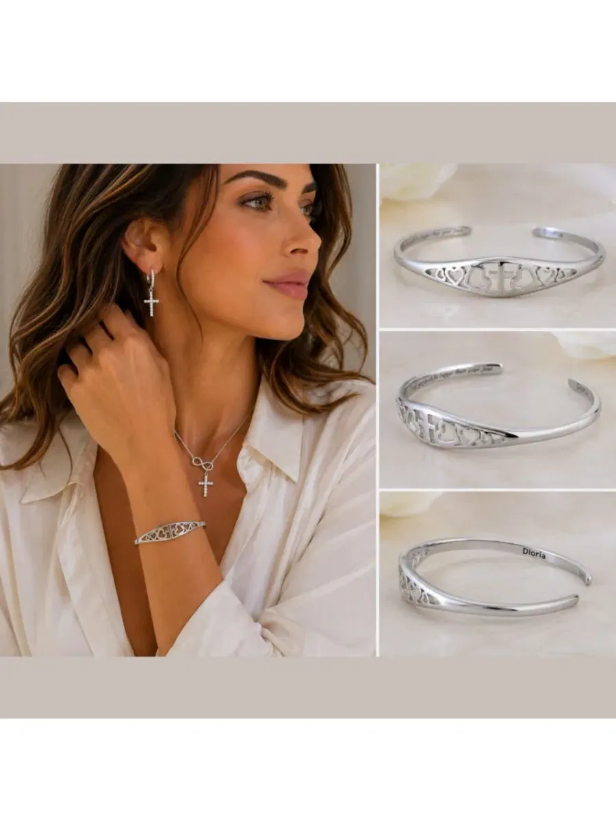 Браслет-манжета Cross and Heart Faith Engraved Adjustable Cuff Dloria — изображение 6 из 11, оттенок серебряный