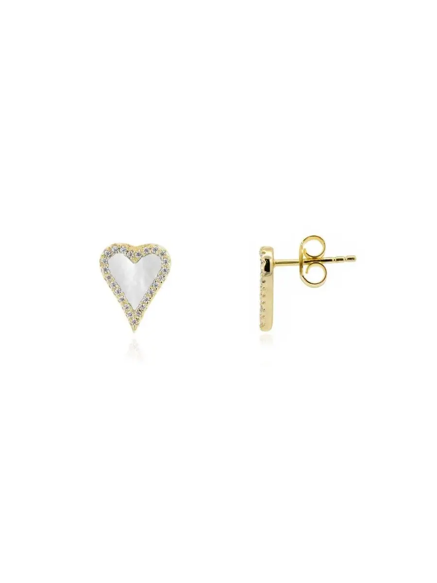 Серьги-пусеты с сердцем из перламутра и фианитами, модель Mini Mother of Pearl CZ Halo Heart Stud — изображение 1 из 3