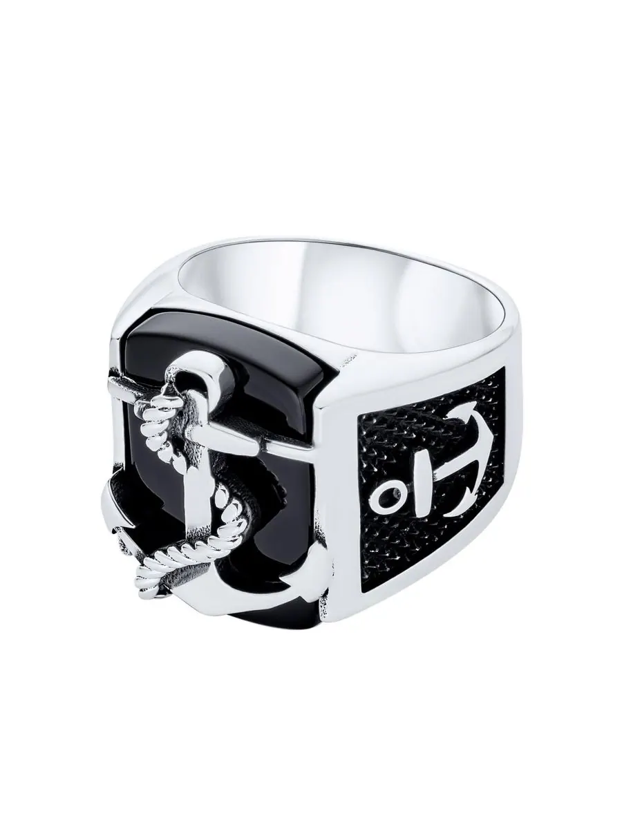Большое кольцо-печатка из натурального черного оникса в виде якоря и веревки, серебро 925 пробы — изображение 5 из 5