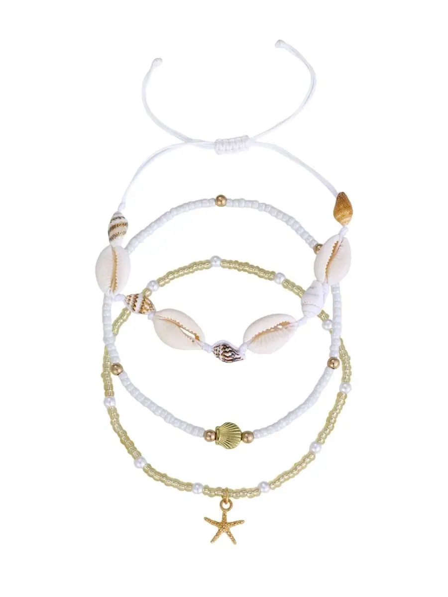 Набор из 3 браслетов на щиколотку с ракушками и бусинами, модель Shell and Bead Anklet Set ADORNIA — изображение 1 из 3