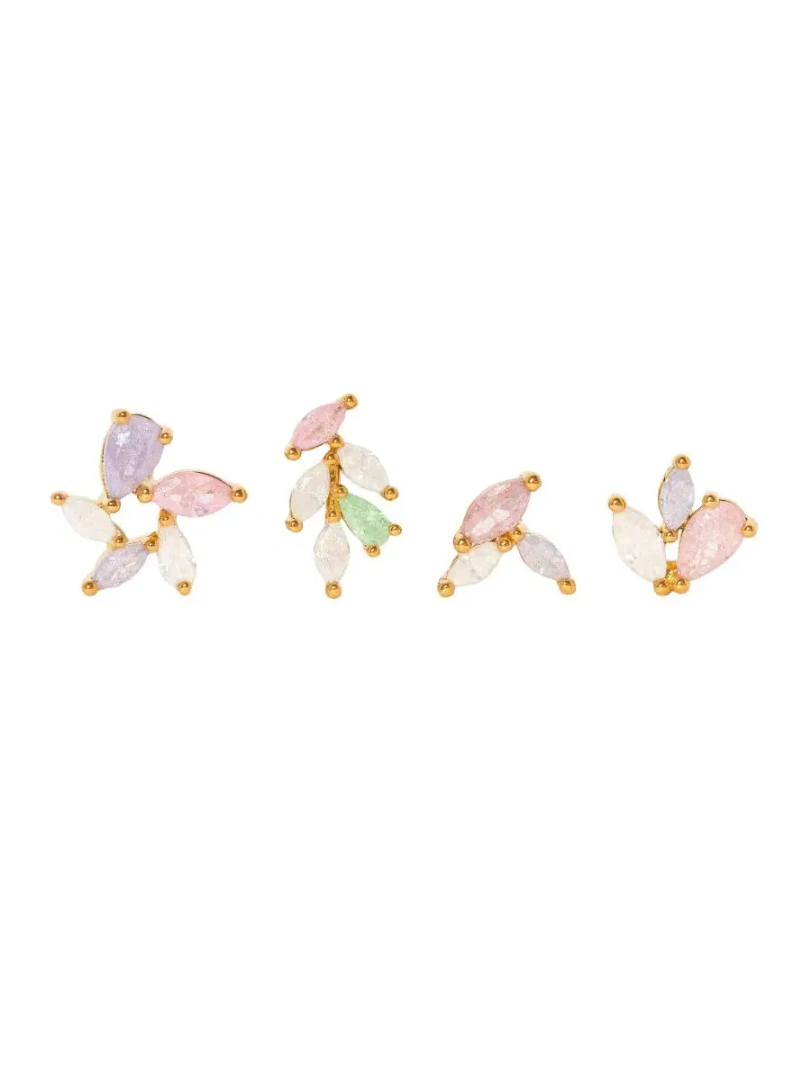 Серьги-гвоздики с кристаллами, набор из 4 шт, Pastel Leaf Girls Crew — изображение 1 из 3, оттенок золото