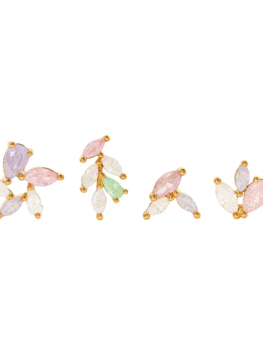 Серьги-гвоздики с кристаллами, набор из 4 шт, Pastel Leaf Girls Crew — изображение 2 из 3, оттенок золото