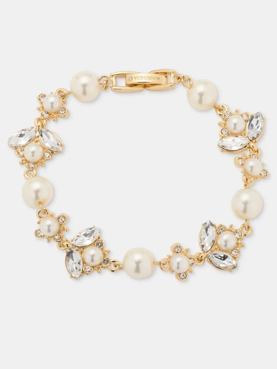 Браслет-гибкий Crystal & Imitation Pearl Flex Bracelet Marchesa — изображение 1 из 4, оттенок серебряный