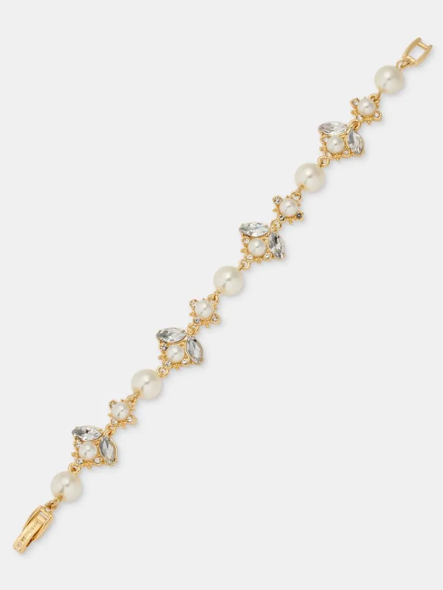 Браслет-гибкий Crystal & Imitation Pearl Flex Bracelet Marchesa — изображение 2 из 4, оттенок серебряный