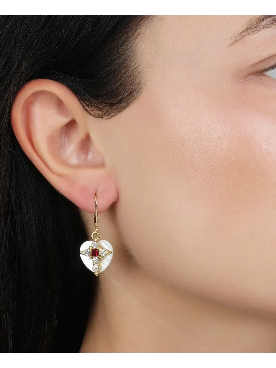 Серьги-подвески в форме сердца из перламутра с кристаллами сиамского плетения, золотистого цвета, с — изображение 3 из 3
