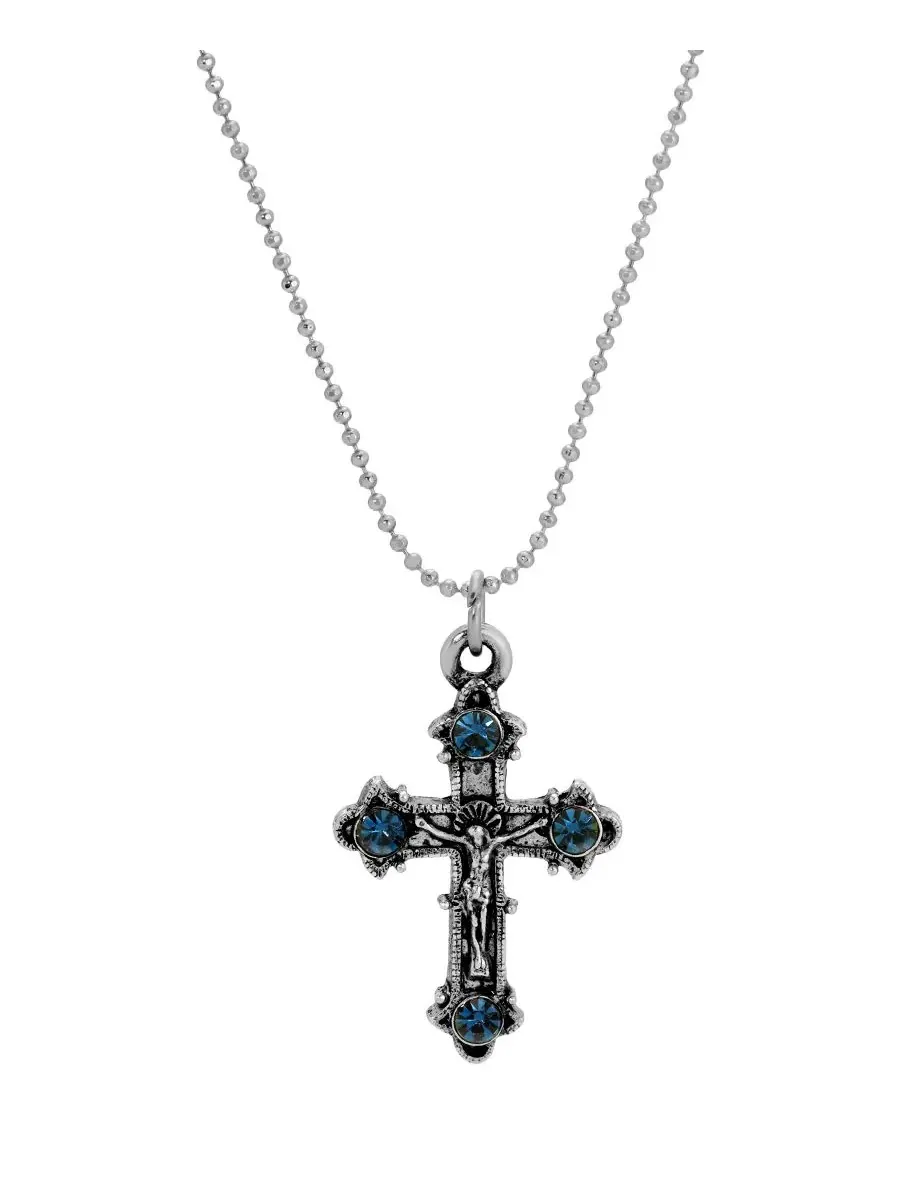 Серебристая подвеска в виде распятия с кристаллами Montana, длина 40 см Symbols Of Faith