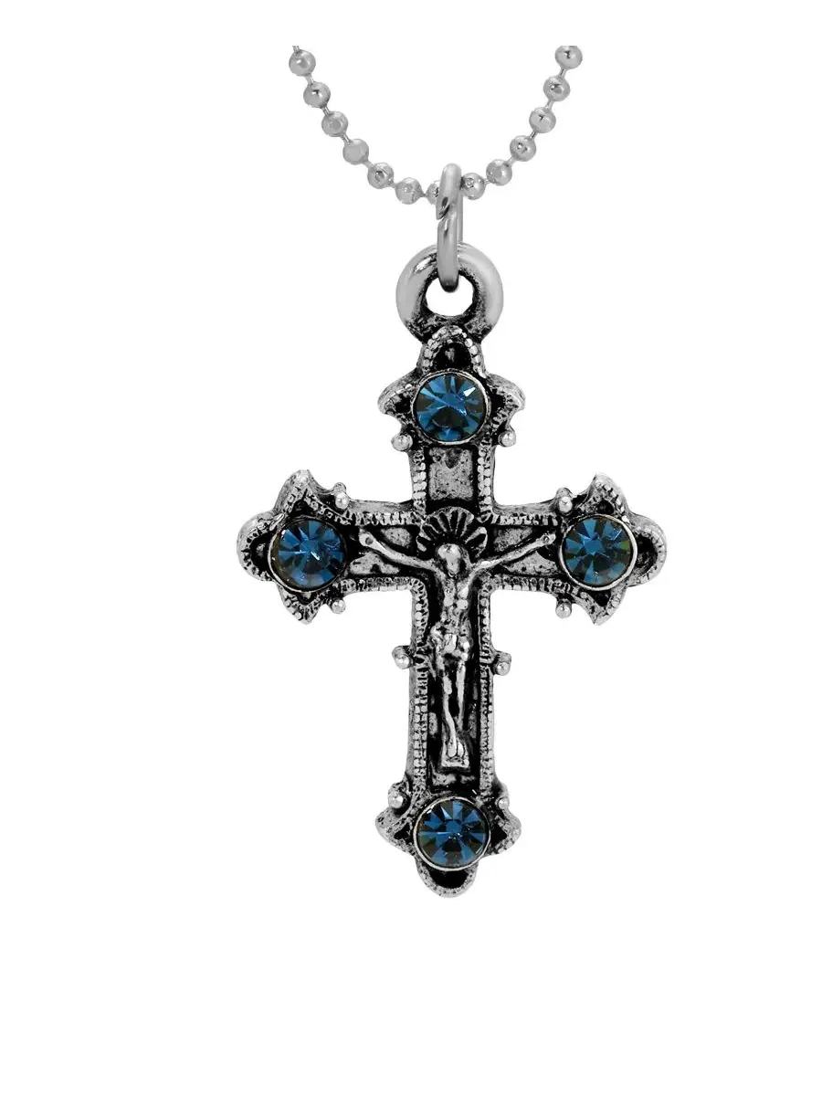 Серебристая подвеска в виде распятия с кристаллами Montana, длина 40 см Symbols Of Faith — изображение 2 из 3, оттенок синий