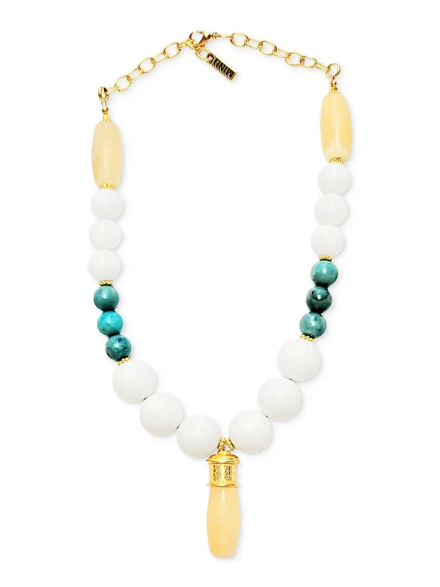 Подвеска из золотистого нефрита и бирюзы, длина 40 см + удлинитель 5 см MINU Jewels — серебристый