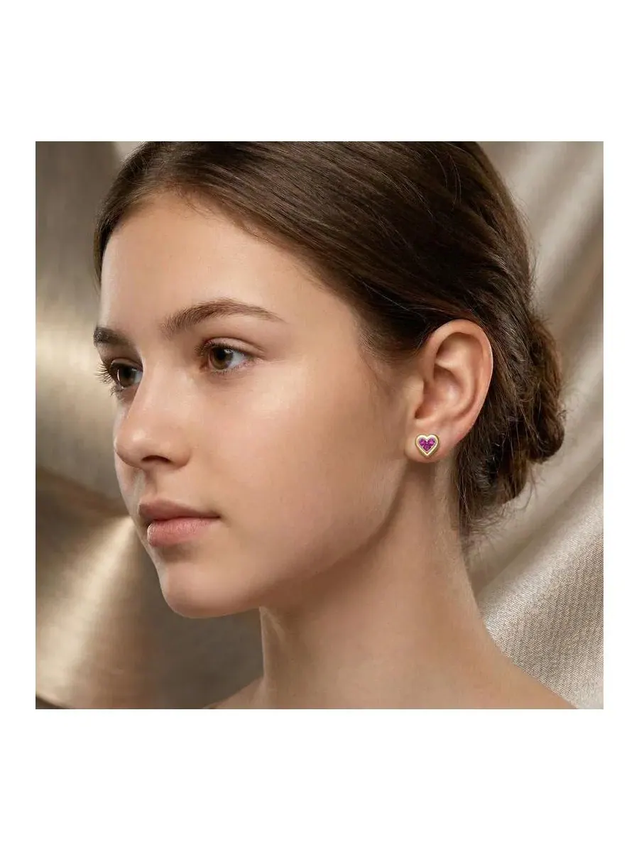 Серьги-гвоздики с сердцем из фиолетового циркония, 14K позолота GiGiGirl — изображение 2 из 3, оттенок фиолетовый
