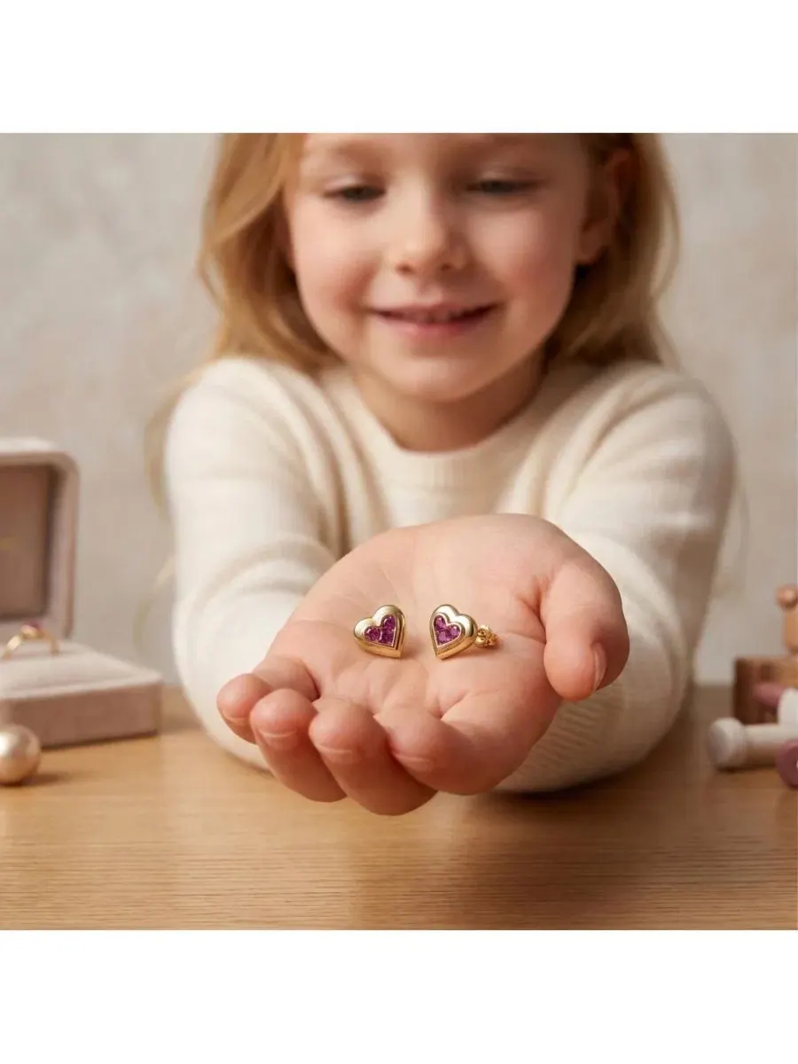 Серьги-гвоздики с сердцем из фиолетового циркония, 14K позолота GiGiGirl — изображение 3 из 3, оттенок фиолетовый