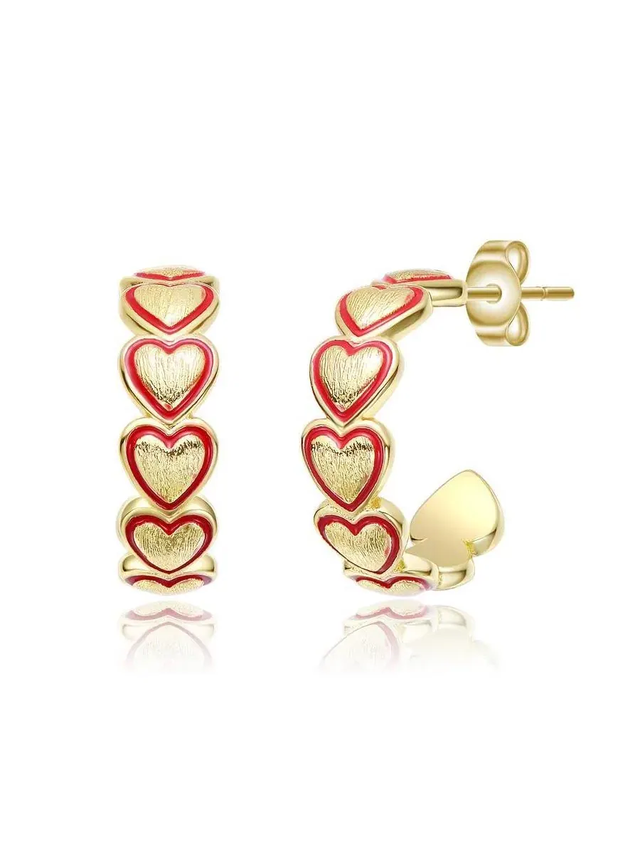 Серьги-кольца с сердечками из красной эмали, позолота 14K GiGiGirl — красный