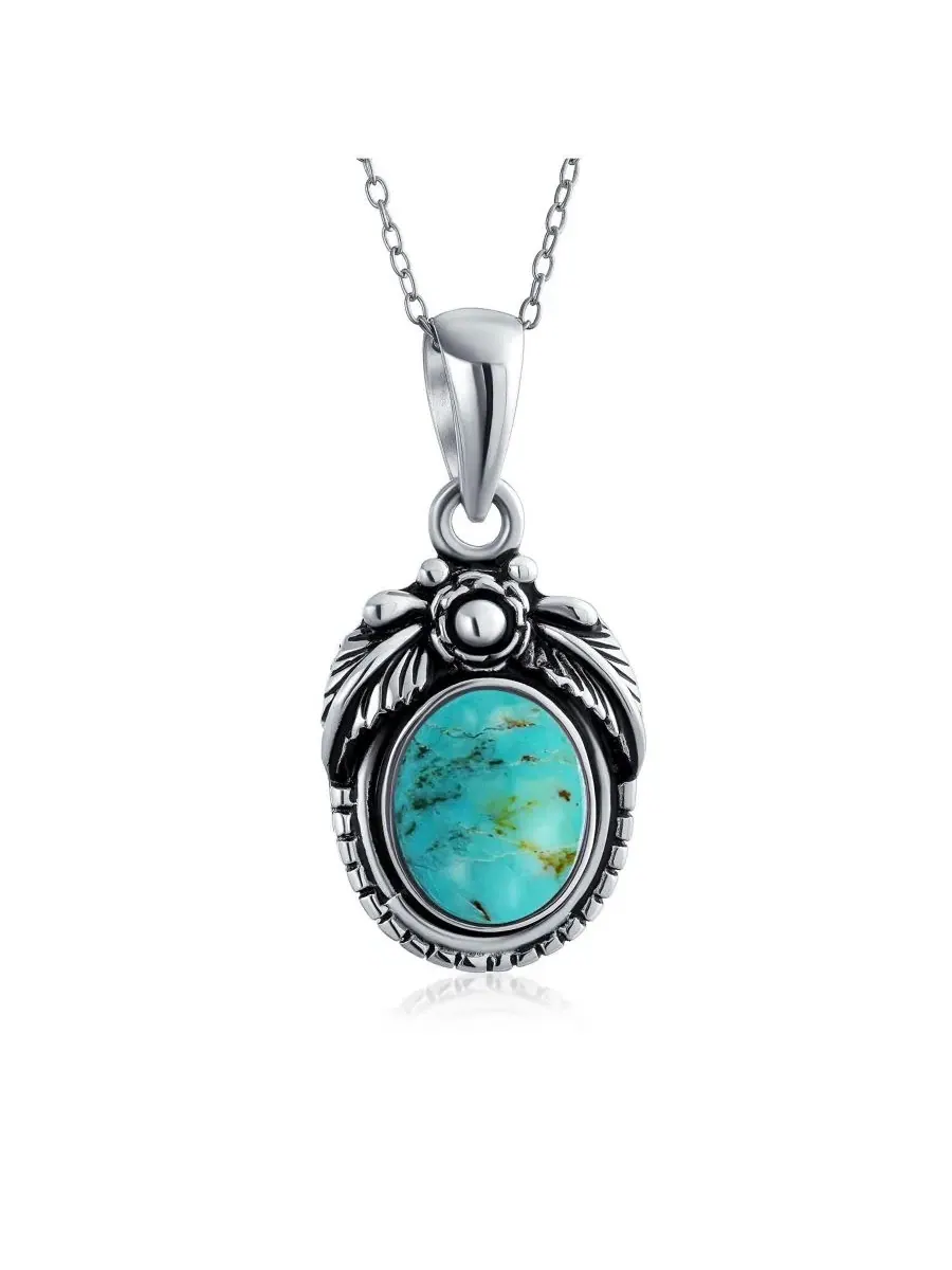 Кулон-подвеска Oval Leaf Feather с бирюзой, из стерлингового серебра Bling Jewelry — изображение 1 из 4, оттенок синий