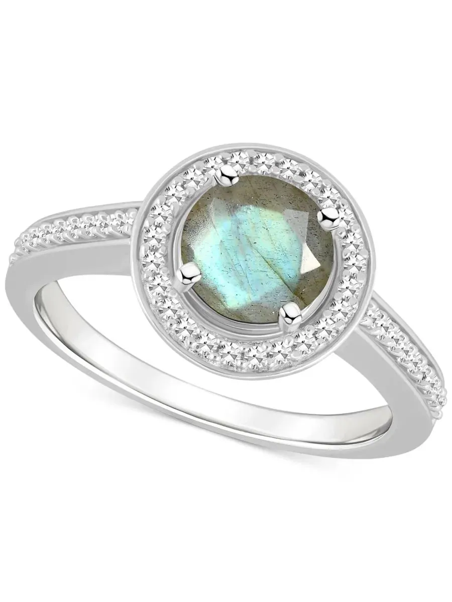 Кольцо с камнем-кабошоном лабрадорит 7 мм и бриллиантами 1/5 ct. t.w. в оправе из стерлингового