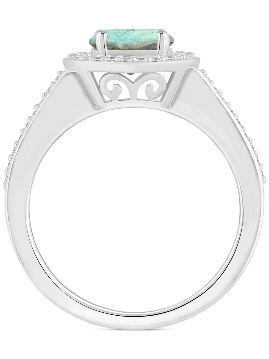 Кольцо с камнем-кабошоном лабрадорит 7 мм и бриллиантами 1/5 ct. t.w. в оправе из стерлингового — изображение 3 из 4