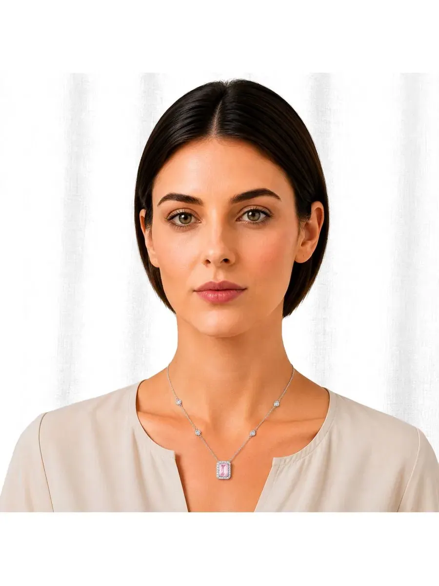 Кулон-подвеска с камнем цирконий, модель Elegant Rectangle Birthstone CZ Halo Simona — изображение 2 из 3, оттенок розовый