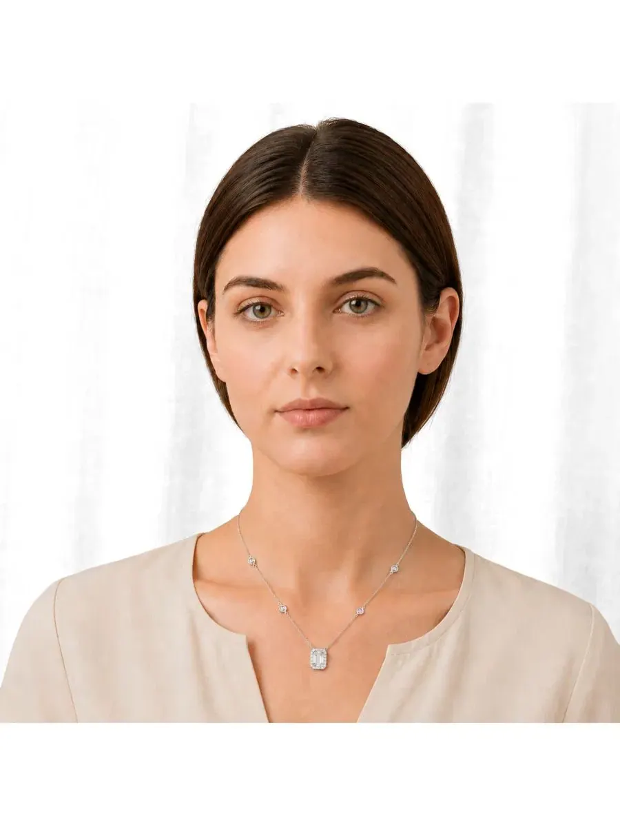 Кулон-подвеска с камнем CZ в оправе с гало, модель Elegant Rectangle Birthstone CZ Halo Simona — изображение 2 из 3