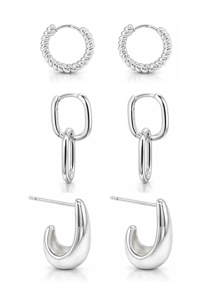 Комплект сережек-пусетов Oblong Post + J Hoop + Hinge Hoop And Now This — изображение 2 из 8, оттенок серебряный