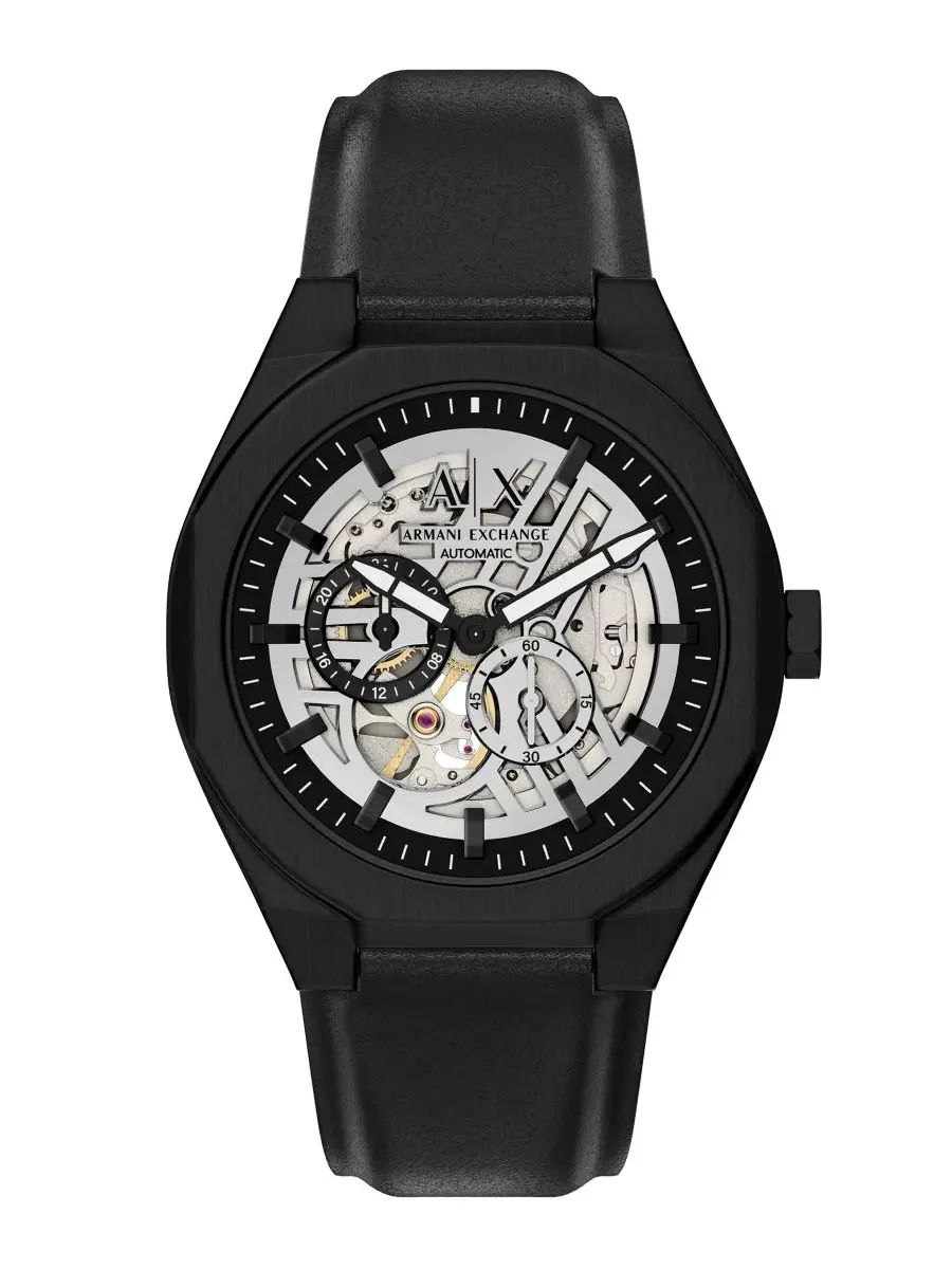 Мужские часы Sync Automatic с черным кожаным ремешком, 44 мм A|X Armani Exchange