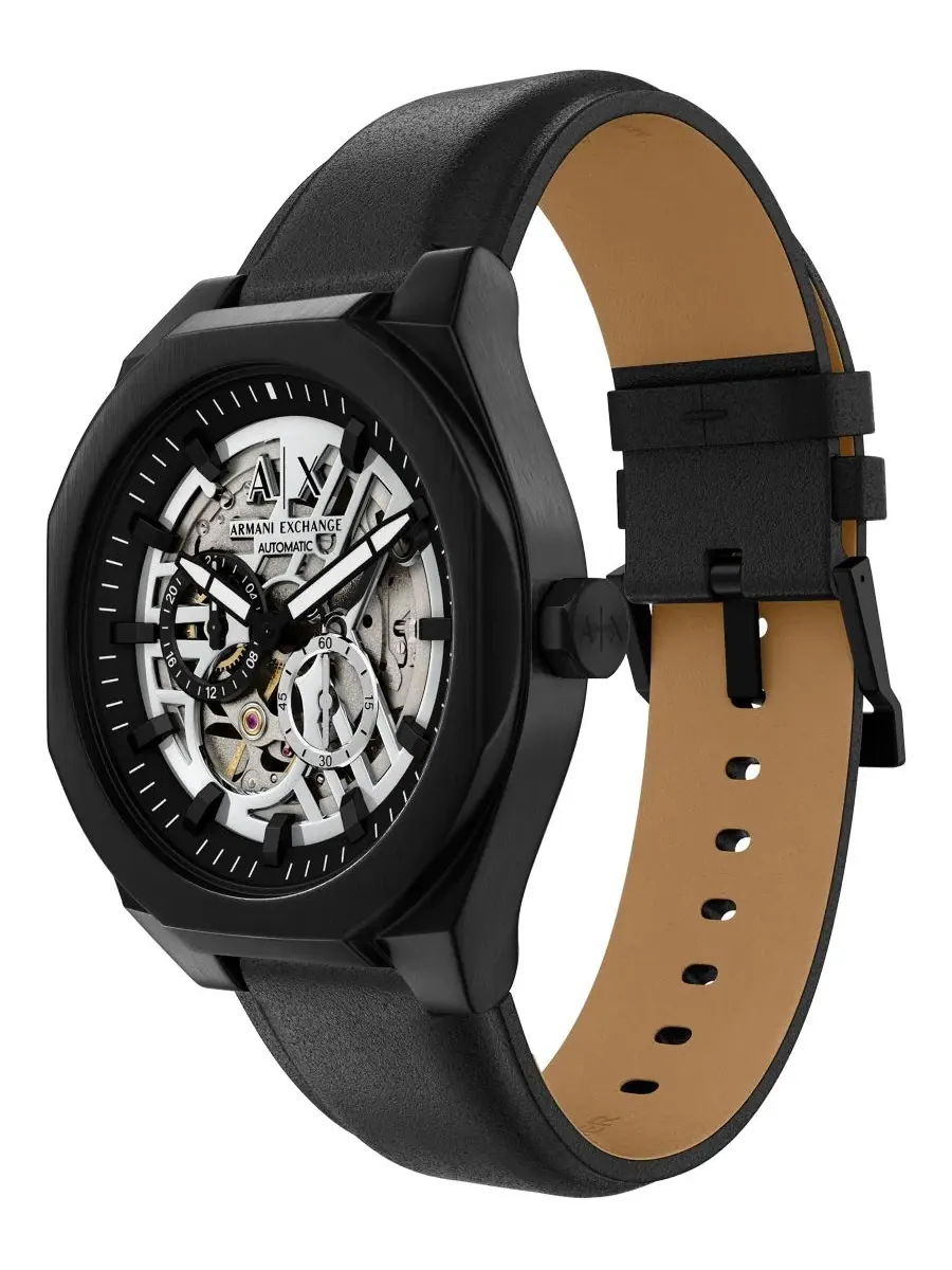 Мужские часы Sync Automatic с черным кожаным ремешком, 44 мм A|X Armani Exchange — изображение 6 из 9, оттенок черный