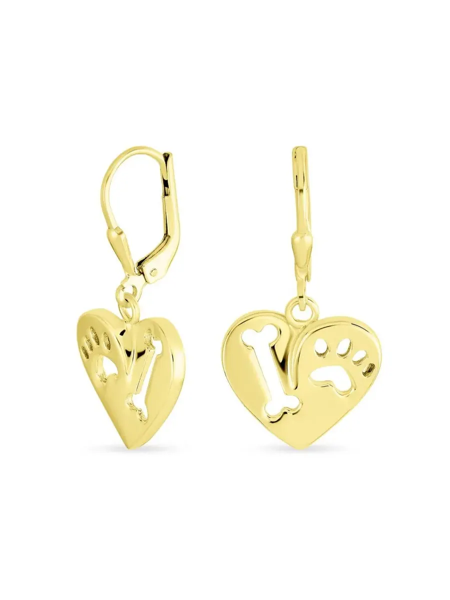 Серьги-подвески с принтом лапы и сердцем, модель I Love My Dog Bling Jewelry — изображение 1 из 5, оттенок золотистый