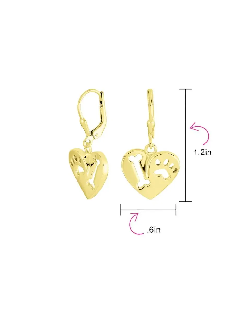 Серьги-подвески с принтом лапы и сердцем, модель I Love My Dog Bling Jewelry — изображение 3 из 5, оттенок золотистый