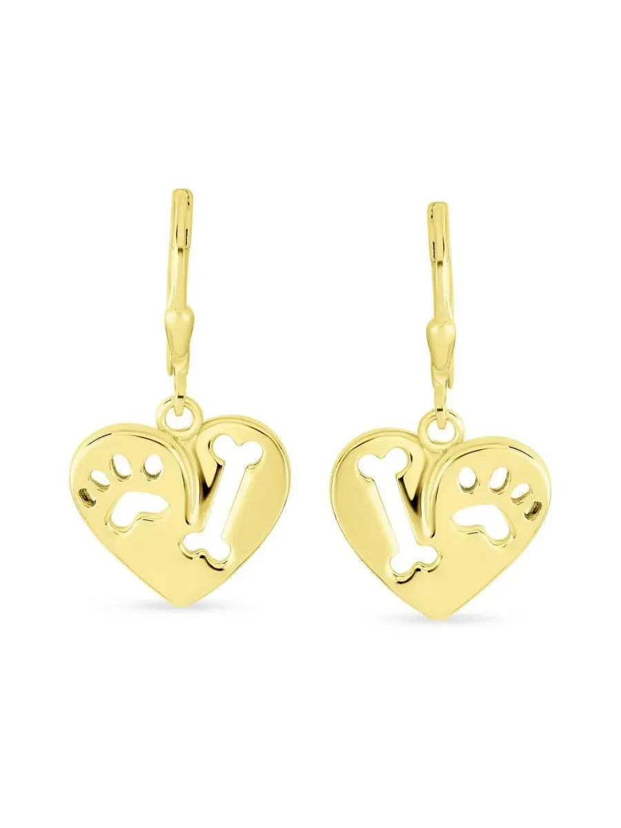 Серьги-подвески с принтом лапы и сердцем, модель I Love My Dog Bling Jewelry — изображение 5 из 5, оттенок золотистый