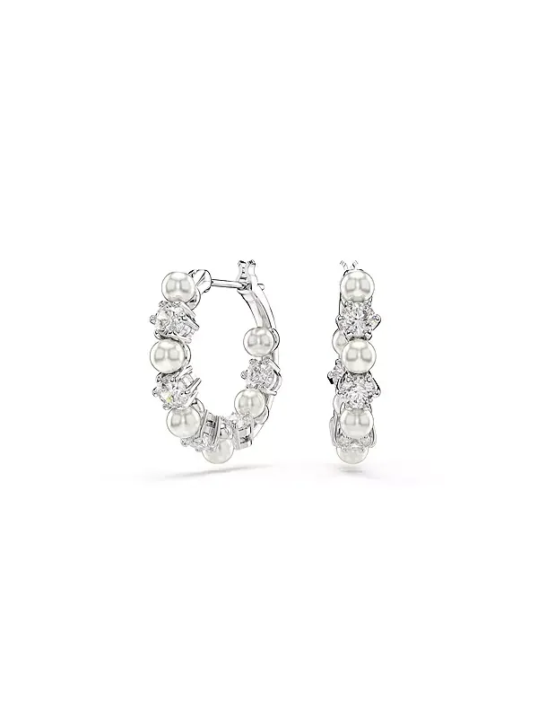 Серьги-Кольца Matrix с родиевым покрытием круглой огранки Swarovski — изображение 1 из 4, оттенок белый